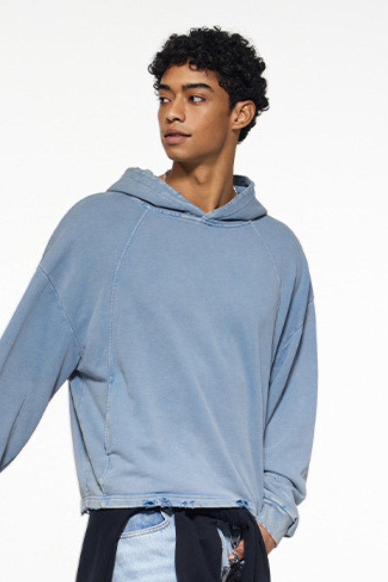 Men's Fall Vintage Washed Raw Hem Crop Boxy Hoodie