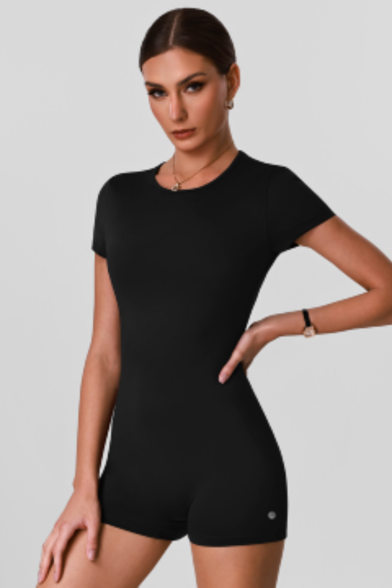 Women's Solid Open-Back Short-Sleeve Workout Jumpsuit