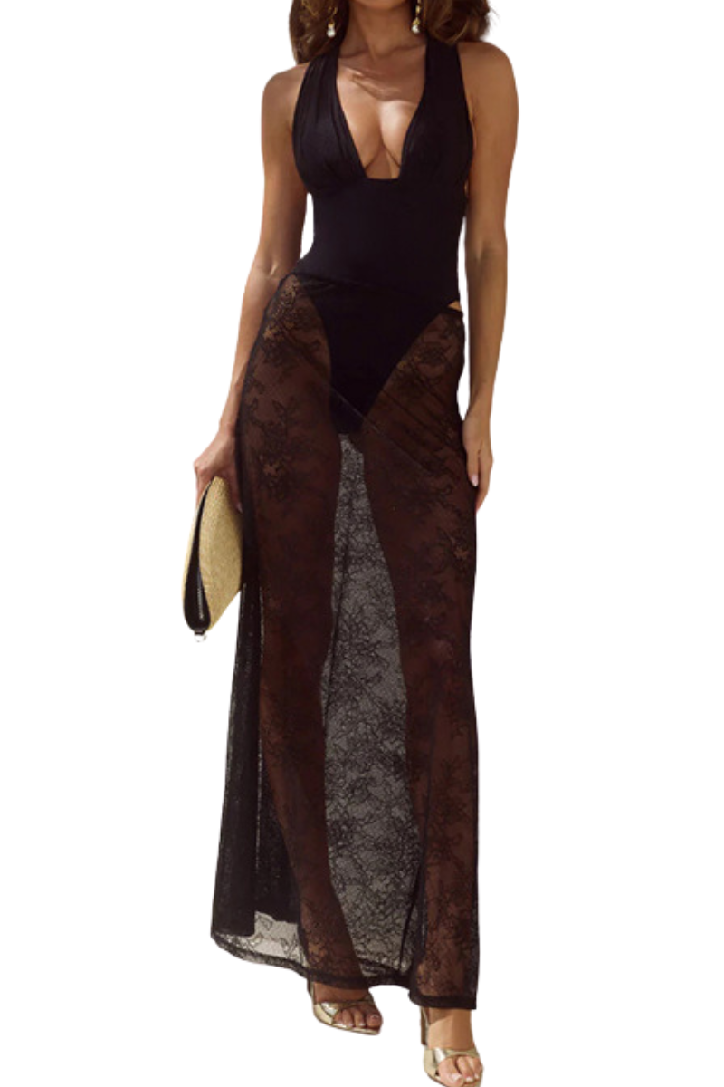 Women's Sexy Lace V Neck Backless One Piece Set - Solid