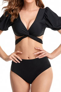 Women's Puffed Sleeve Knot Detachable Twist-Front Bikini Set