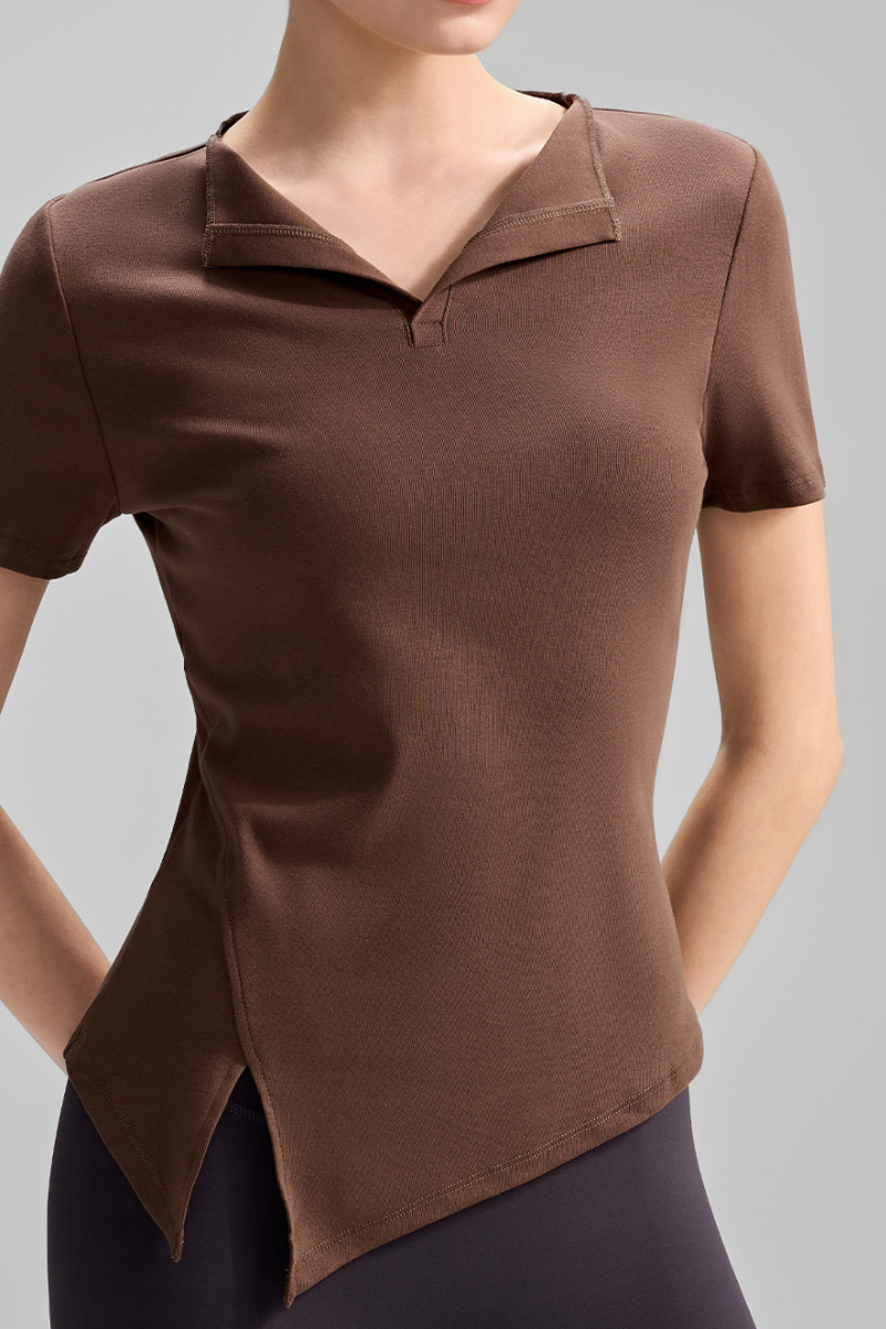 Women's Collared Naked Feel Asymmetric Slit Hem T-shirt