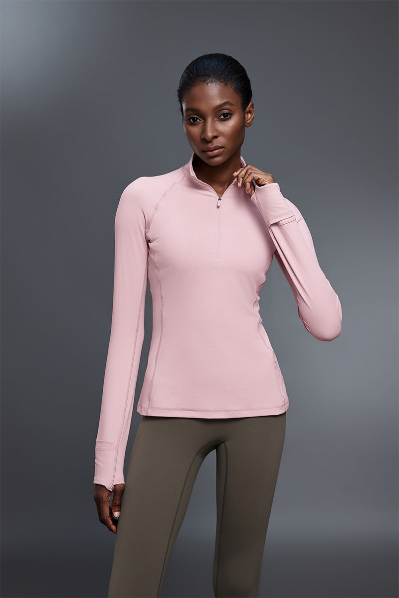 Women Stand Collar Half Zip Slim Fit Workout Long Sleeve Top