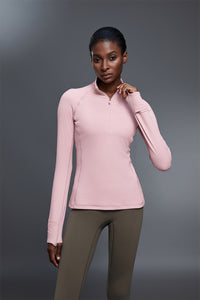 Women Stand Collar Half Zip Slim Fit Workout Long Sleeve Top