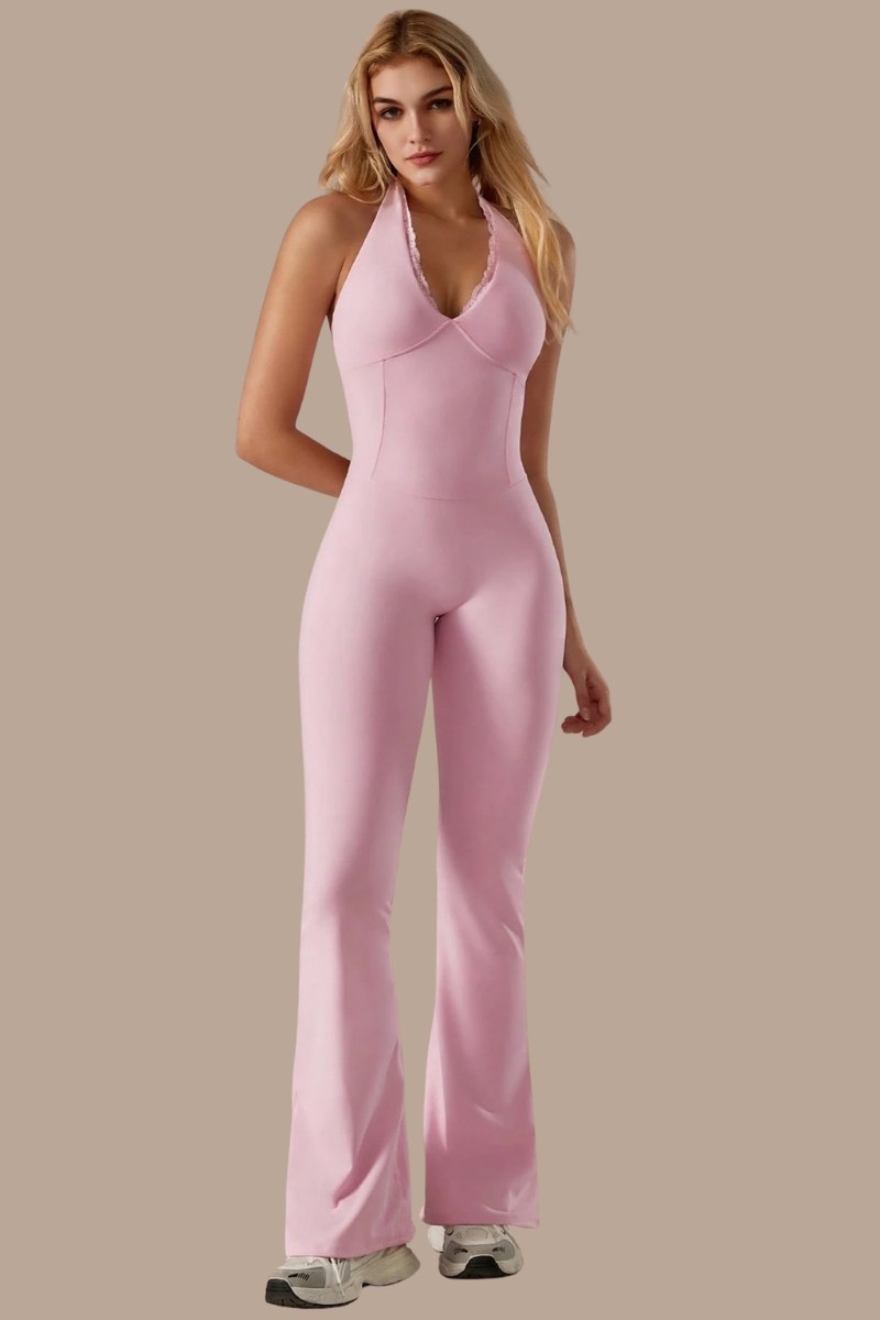 Women's V-neck Halterneck Backless Flared Sport Jumpsuit
