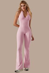 Women's V-neck Halterneck Backless Flared Sport Jumpsuit