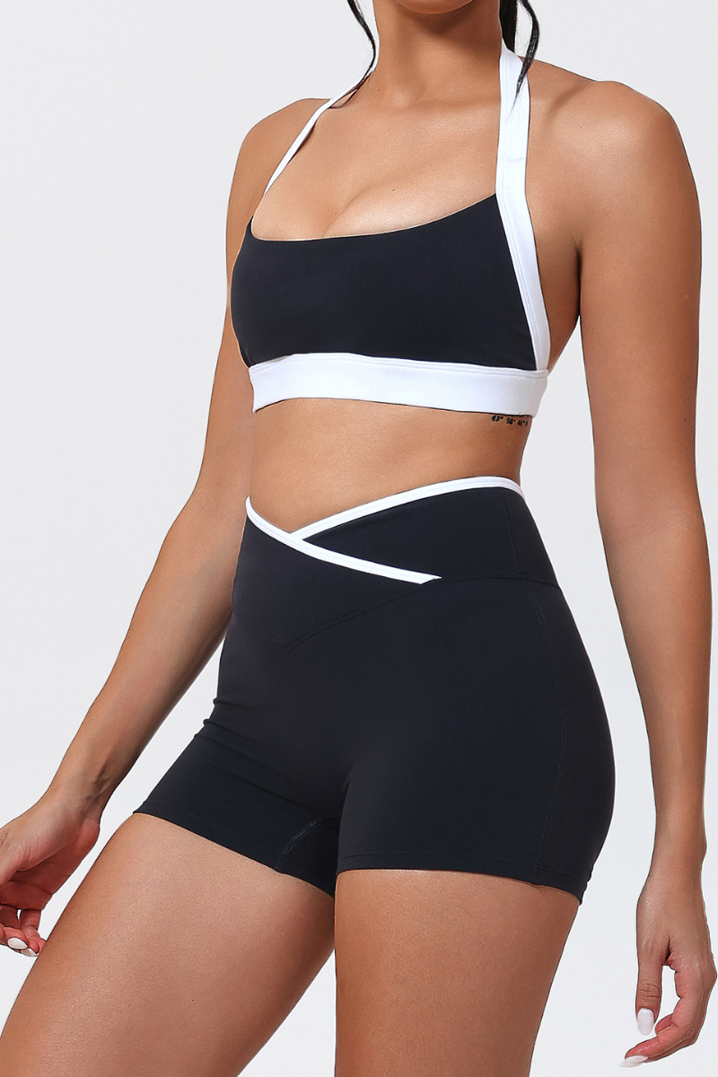 Women's Color-Block Halter Sports Bra & Cross-Waist Shorts Set