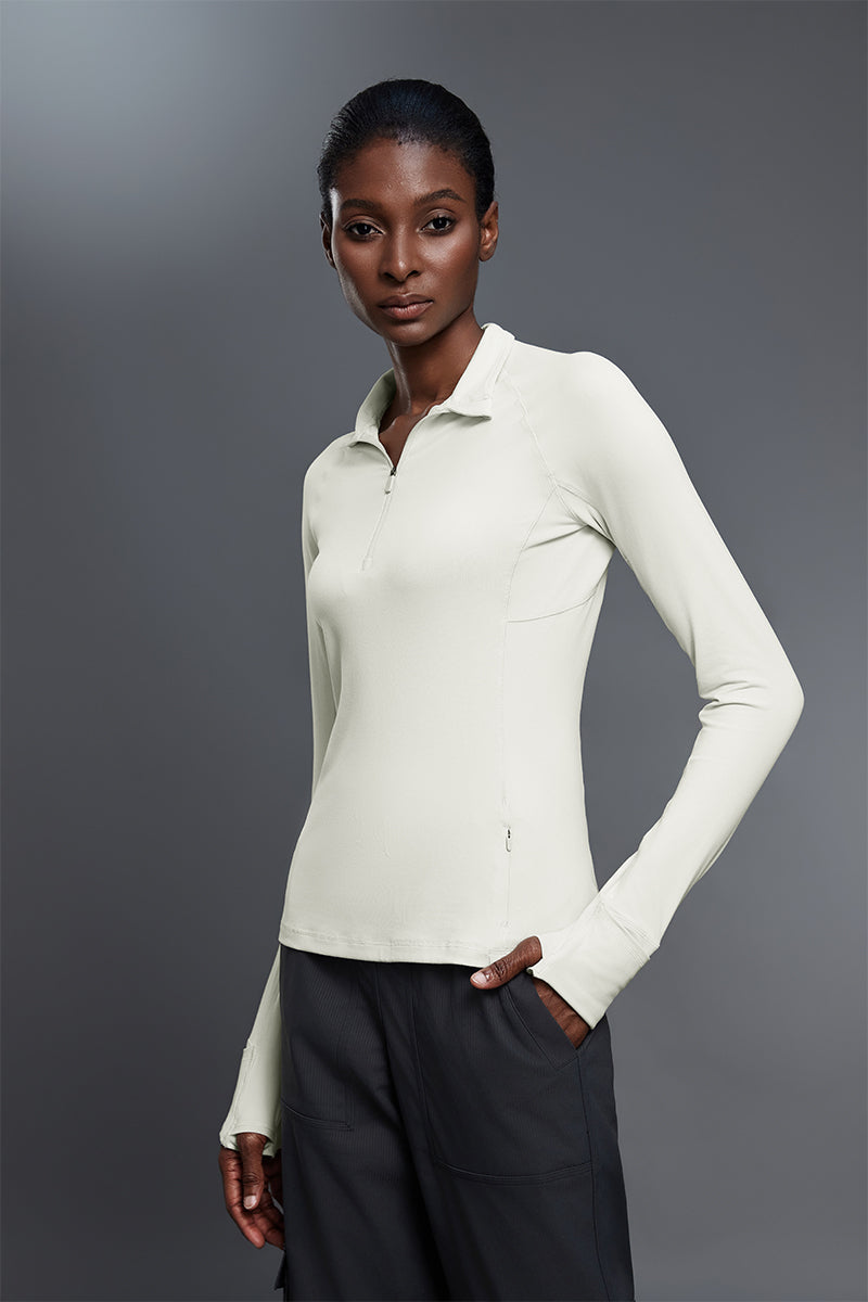 Women Stand Collar Half Zip Slim Fit Workout Long Sleeve Top