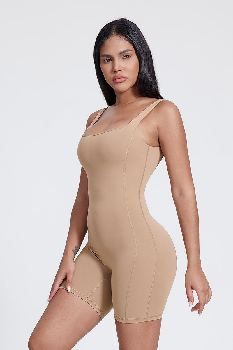 Women'S High-Elastic Skinny Square-Necked Backless Suspender Nude Fitness Bodysuit