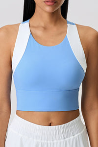 Women Color Block Short Built-In Bra Sculpting Cross Back Yoga Sports Bra