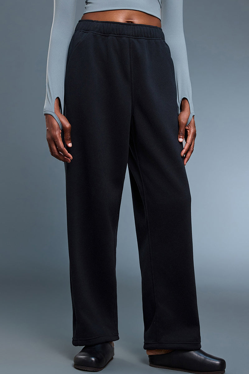 Women Loose Straight Leg Fleece-Lined Drawstring Casual Sport Pants