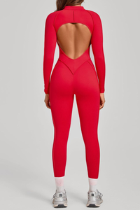 Women's Half-Zip Open Back Jumpsuit with Contoured Seams