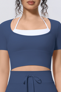 Women Athletic Fake Two Color Block Cropped Halter T-shirt