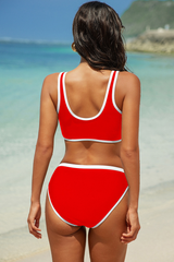Women Sexy Color Block V-Neck High-Waisted Two Piece Bikini