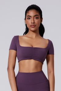 Women Square Neck Crop Removable-Pad Pleated Sculpting Workout Short Sleeve
