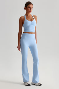 Women Cross Back Yoga Set: High Waisted No Pleat Seam Micro Wide Leggings + Pleated Crossover Camisole Bra
