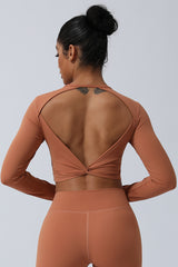 Women Back Twist Sport Crop Long Sleeve Shirt
