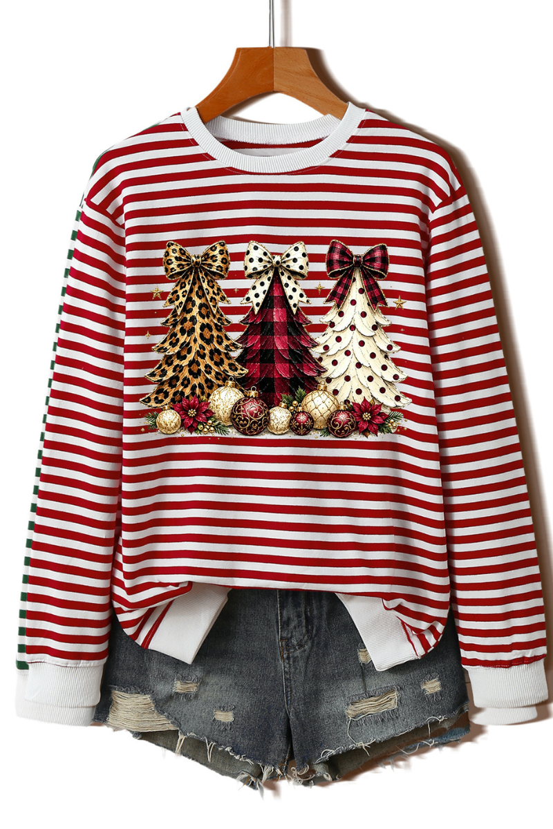 Women's Fall Striped Bow Christmas Tree Printed Pullover