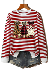 Women's Fall Striped Bow Christmas Tree Printed Pullover