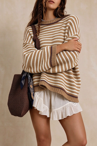 Women’s Winter Boho Striped Contrast Trim Knit Sweater