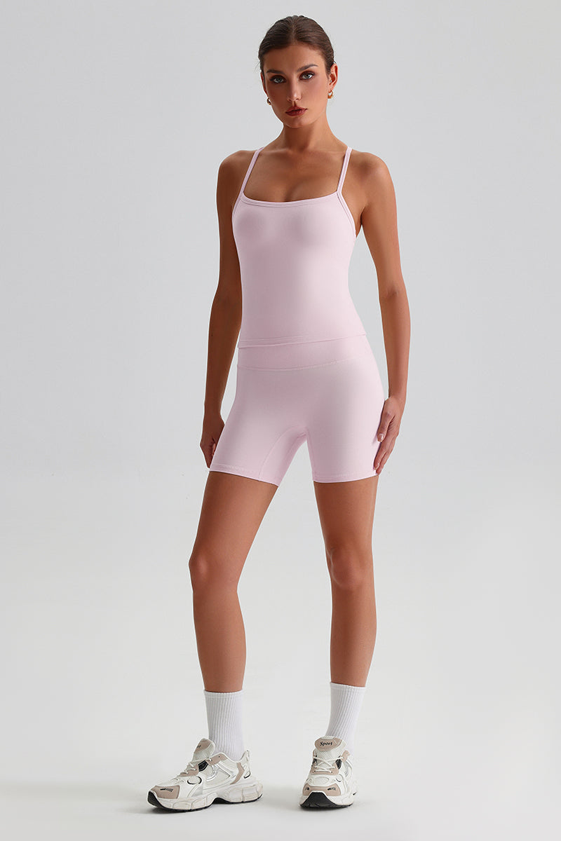 Women High-Waisted Peach Booty Yoga Set: Seamless Crotch Shorts + Y-Back Sports Bra
