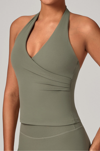 Women's Athletic V-neck Pleated Halterneck Tank Top