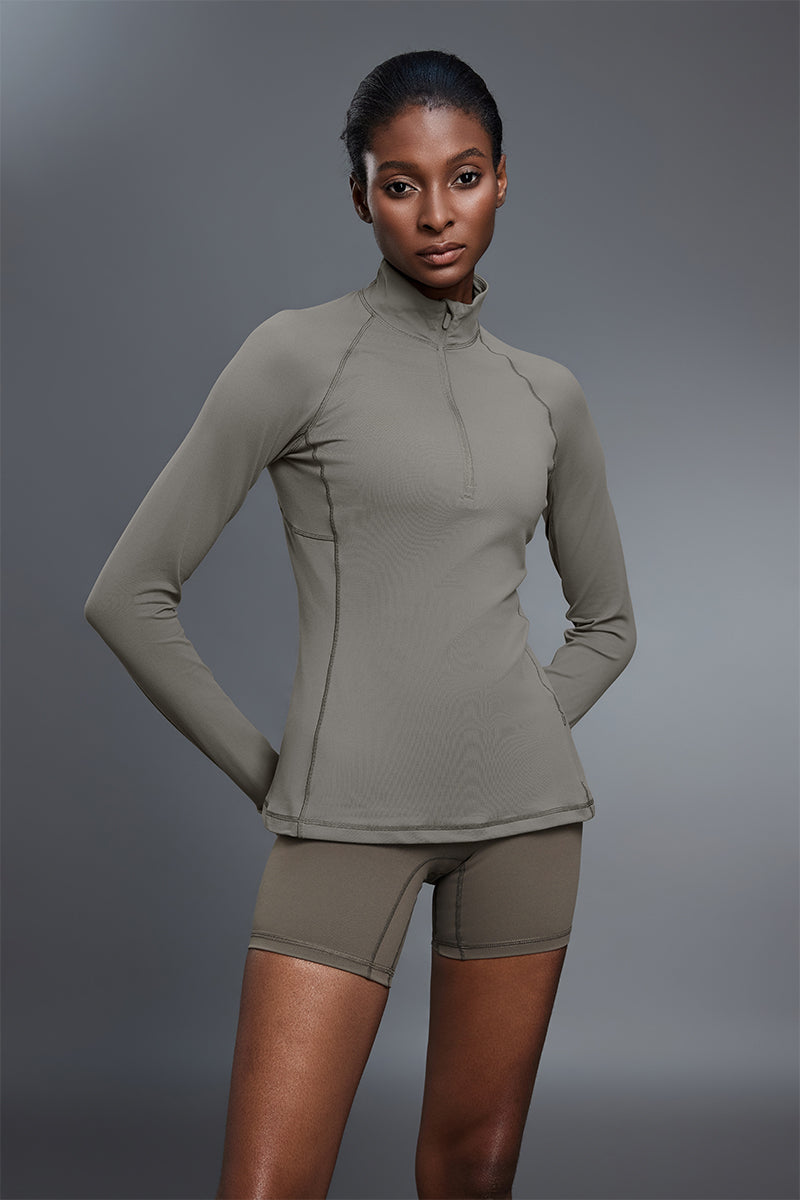 Women Stand Collar Half Zip Slim Fit Workout Long Sleeve Top