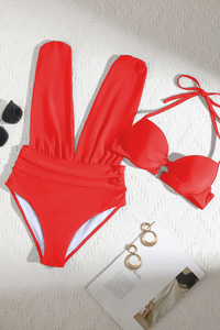 Women's Sexy Halterneck Solid Pleated Two Piece Bikini Set