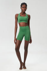 Women Wave-Edge Yoga Set: Double Shoulder Bra + Quick Dry Lycra Fitness Sports Shorts