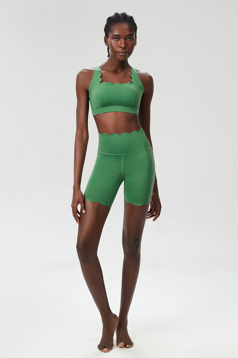 Women Wave-Edge Yoga Set: Double Shoulder Bra + Quick Dry Lycra Fitness Sports Shorts