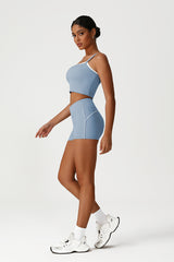 Women Seamless High Waisted Workout Set: Square Neck Vest + Peach Lifting Shorts