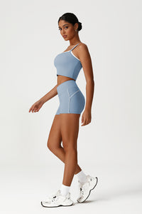 Women Seamless High Waisted Workout Set: Square Neck Vest + Peach Lifting Shorts