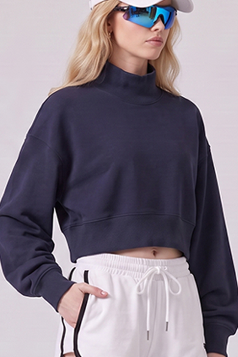 Women's Fall Boutique Style Balloon Sleeves Cropped Mock Neck Sweatshirt