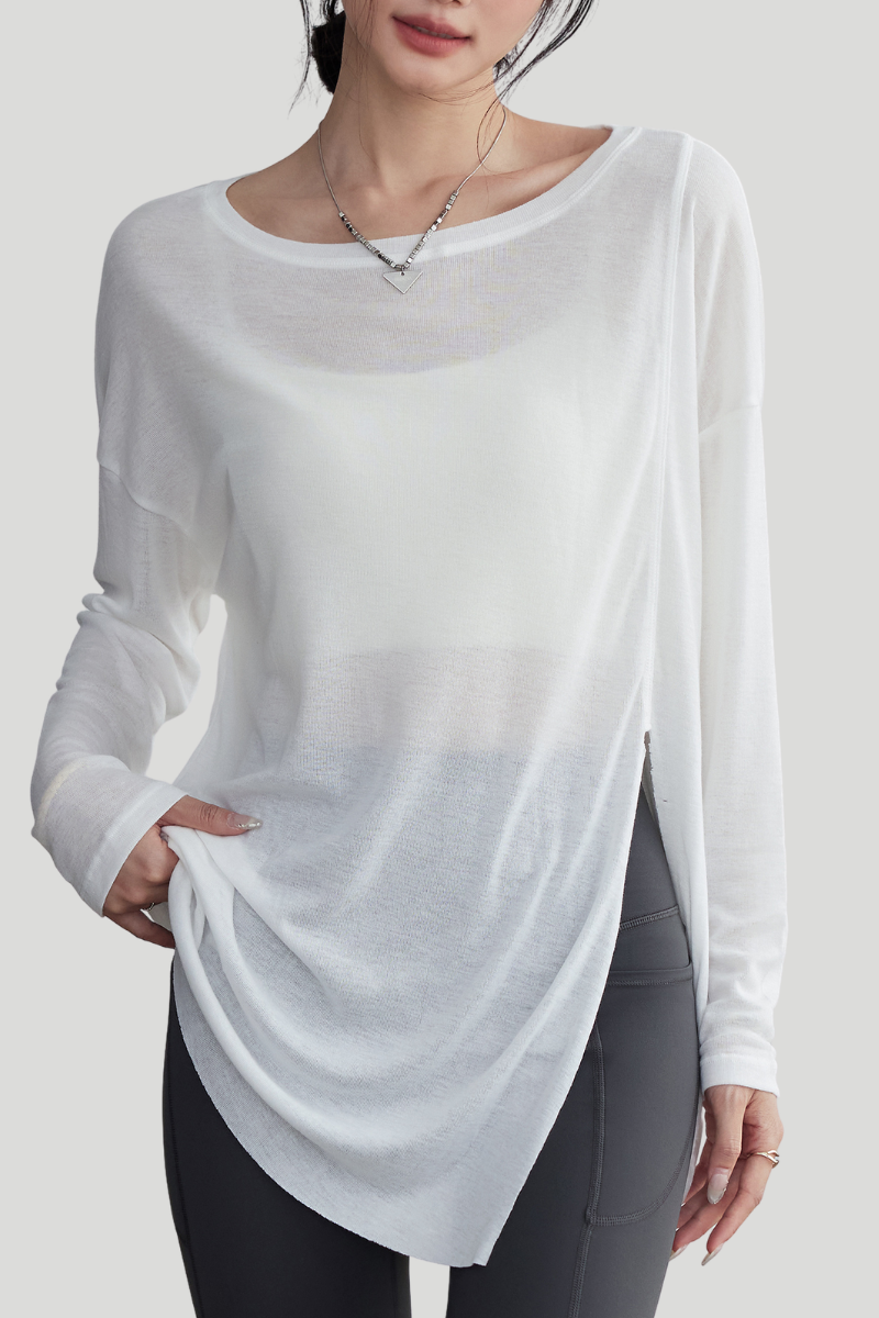 Women's Spring Summer Loose Fit Sheer Side Slit Long Sleeve Top