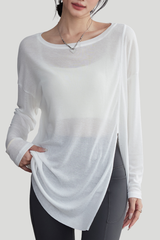 Women's Spring Summer Loose Fit Sheer Side Slit Long Sleeve Top