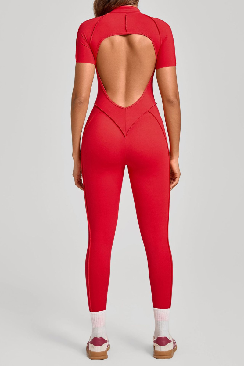 Women's Half-Zip Short Sleeve Open Back Jumpsuit