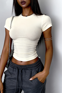 Women's slim round neck solid color short sleeves