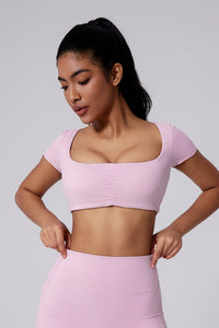 Women Square Neck Crop Removable-Pad Pleated Sculpting Workout Short Sleeve