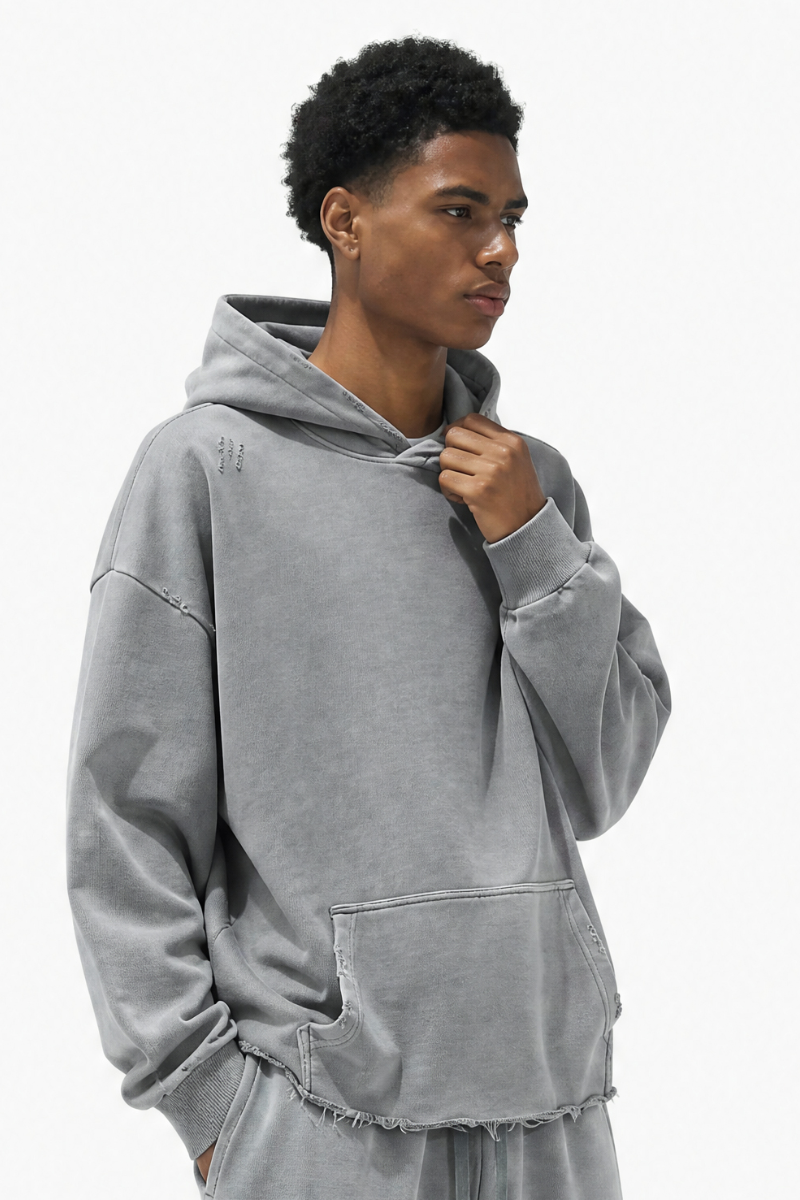 Men's Fall Winter 100% Cotton Washed Frayed Hem Hoodie