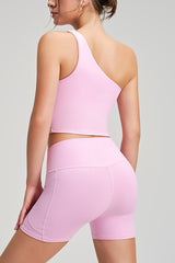 Women Single Shoulder Quick Dry Waist Shaping Yoga Set: Short Sleeve Bra + Shorts
