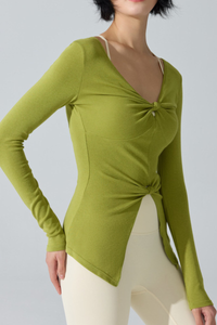 Women's Ribbed Double Twist Split V Neck Pilates Slim Fit Top