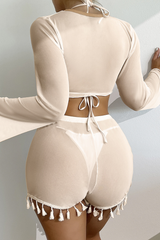 Women's Mesh Long Sleeve Cover-Up Tassel Shorts Bikini