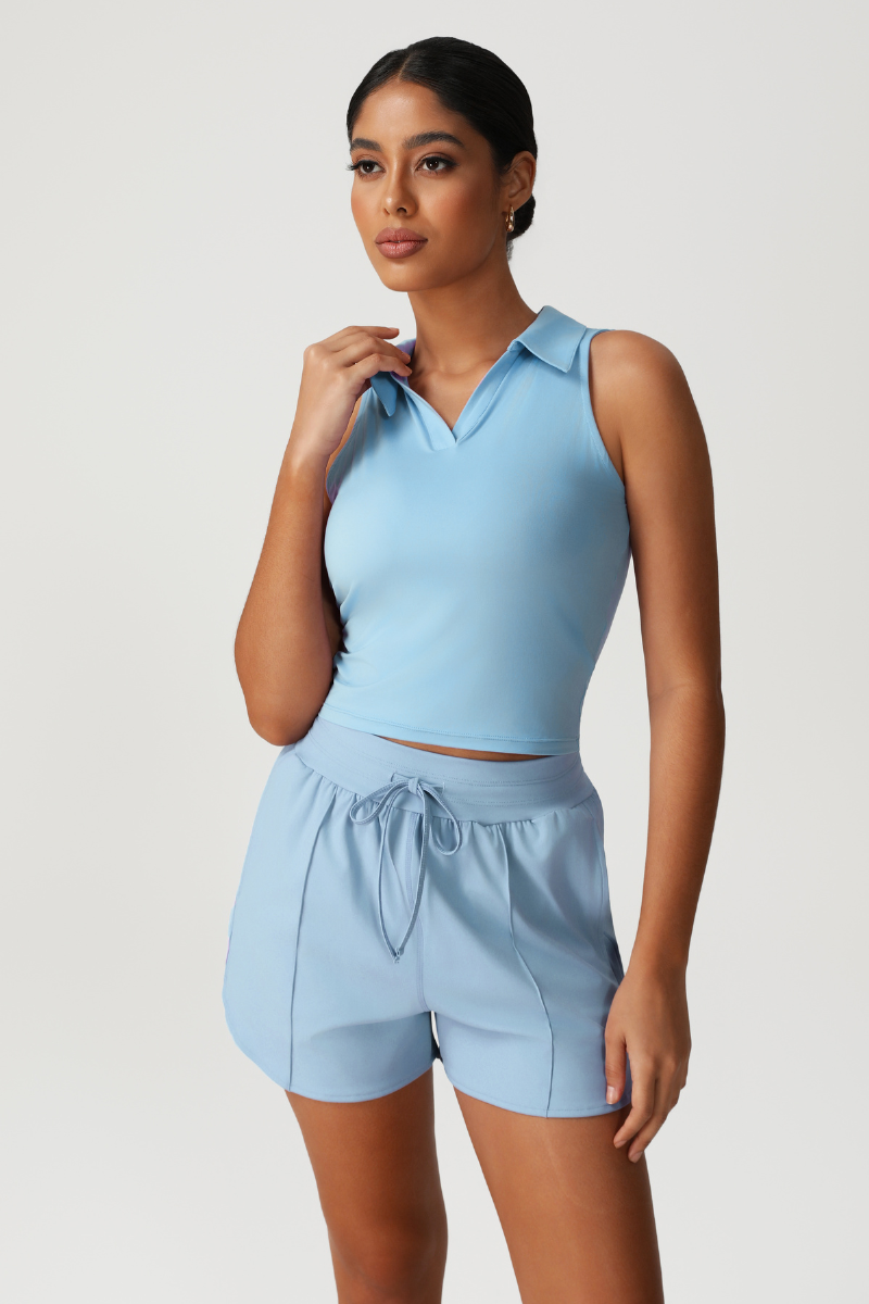Women's Polo Collar Sleeveless Tank Top And Shorts Sport Set