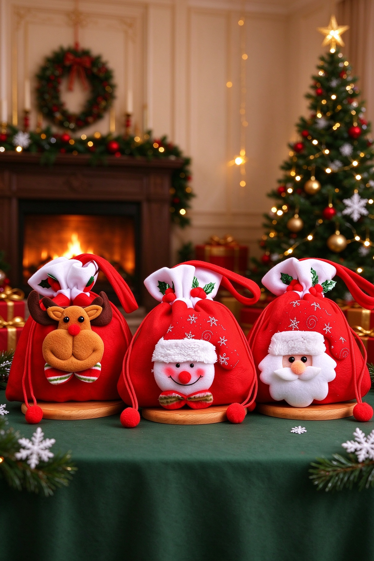 Christmas Fleece Drawstring Gift Santa Snowman Handbag