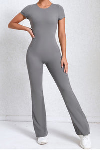 Women Short Sleeve Big Backless One Piece Flare Tight Nude Outfit Fitness Sports Yoga Bodysuit