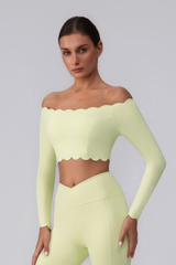 Women's Scalloped Off-Shoulder Cropped Long-Sleeve Sport Top