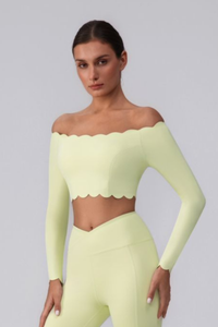 Women's Scalloped Off-Shoulder Cropped Long-Sleeve Sport Top