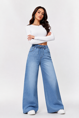 Women's Fall Drawstring Elastic Waist Wide Leg Jeans