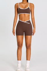 Women's Color-Block  Sports Bra & Cross Waist Shorts Set