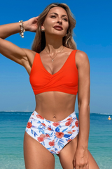 Women's V-neck Pleated Printed High-Waist Two-Piece Bikini