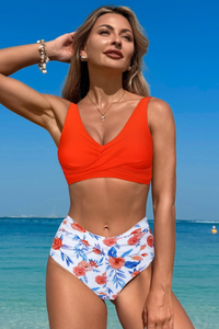 Women's V-neck Pleated Printed High-Waist Two-Piece Bikini